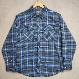 Simms Shirt Men's Large Pearl Snap Blue Flannel Plaid Fishing Performance Casual